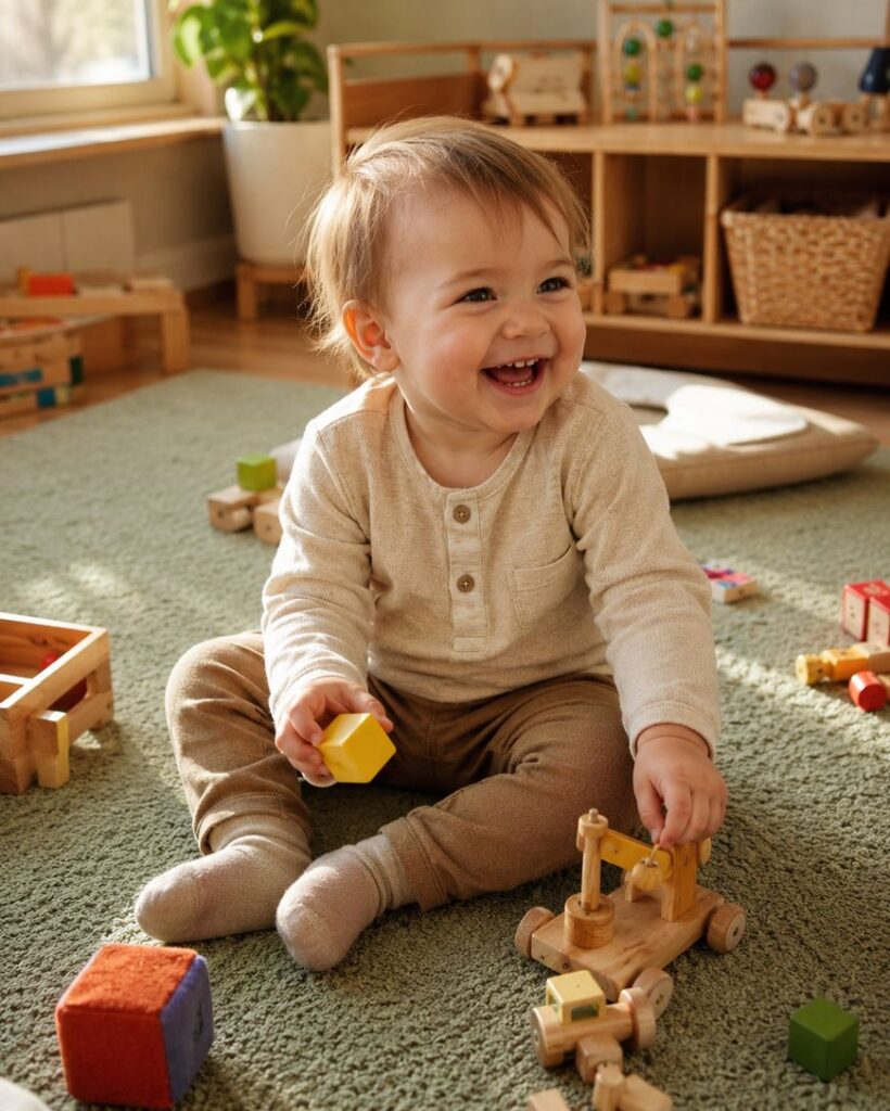 A smiling toddler sits on a green carpet in a playroom, holding a yellow block and a wooden toy truck. Colorful toy blocks and shelves with more toys are visible in the background.