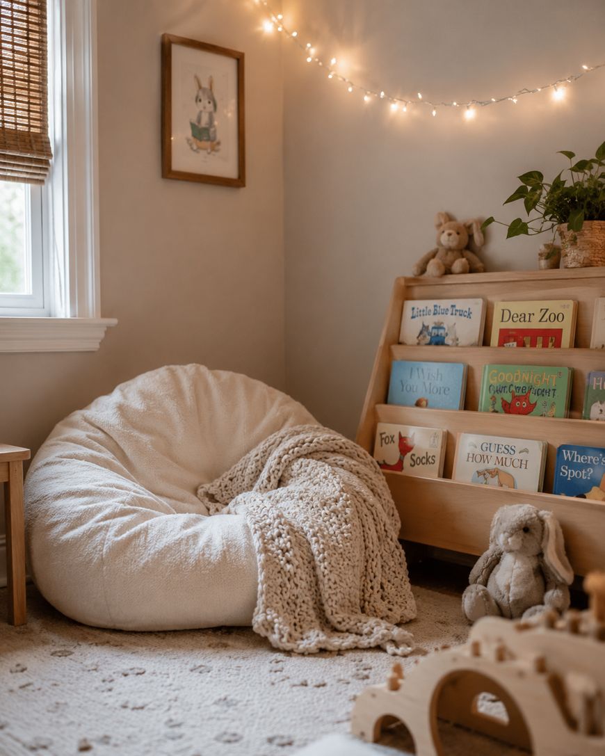 A cozy reading nook with a white bean bag chair, a knitted blanket, a plush bunny, a wooden bookshelf filled with childrens books, and string lights hanging along the wall.