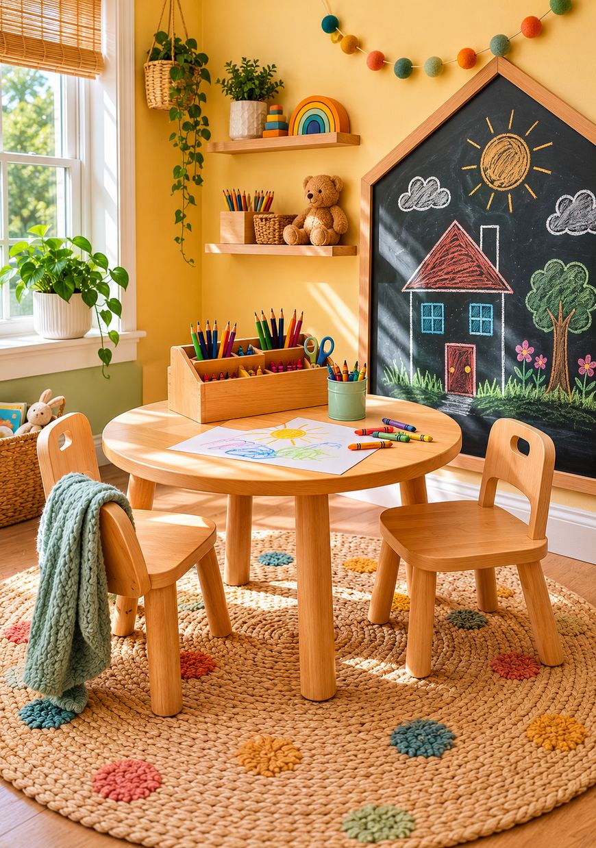 A bright, cozy playroom with a round wooden table and two chairs on a colorful rug, art supplies on the table, potted plants, and a chalkboard wall decorated with a house, sun, and flowers.