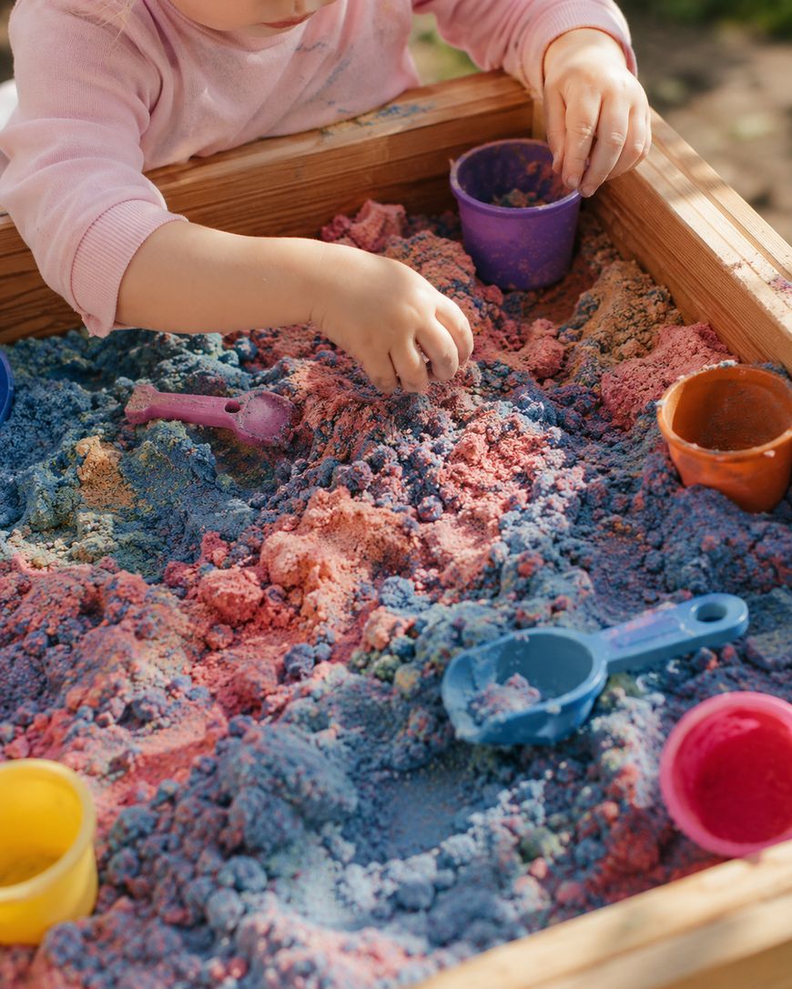 A young child plays in a wooden sandbox filled with colorful sand, using small plastic cups and shovels in blue, yellow, purple, orange, and pink. The childs face is partially out of frame.