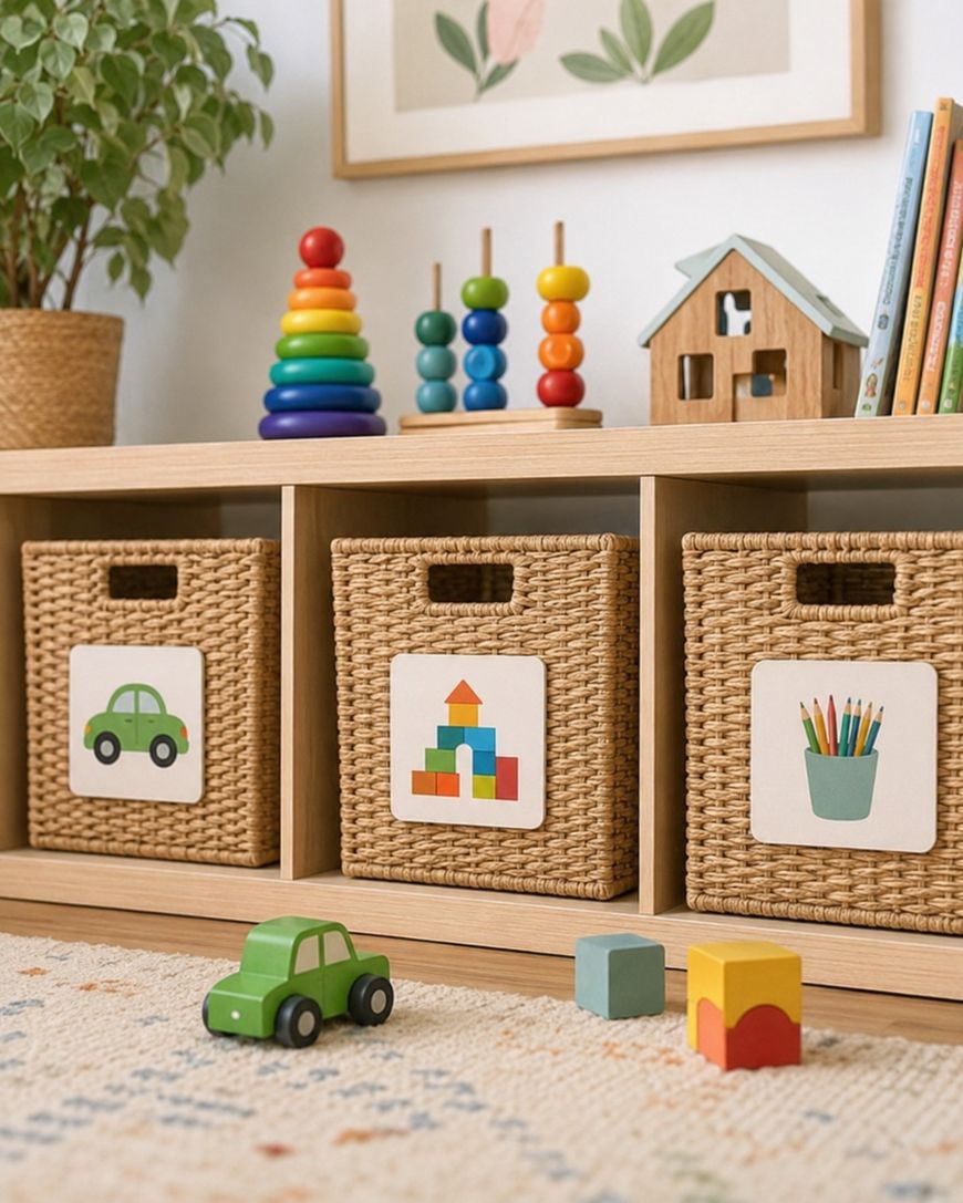 A tidy playroom with woven storage bins labeled with pictures of a car, building blocks, and colored pencils. Wooden toys, books, and a plant are on the shelf above; a green toy car and blocks are on a patterned rug.