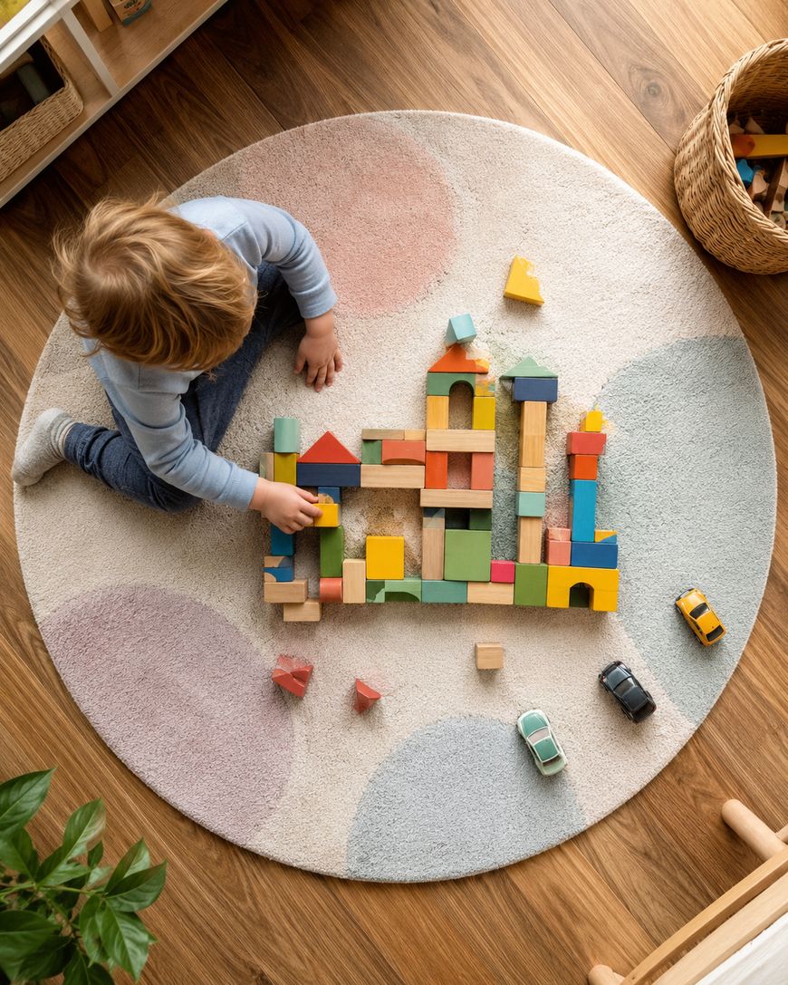 A young child sits on a round, pastel-patterned rug, building a colorful structure with wooden blocks. Toy cars and additional blocks are scattered nearby on the rug and wooden floor.