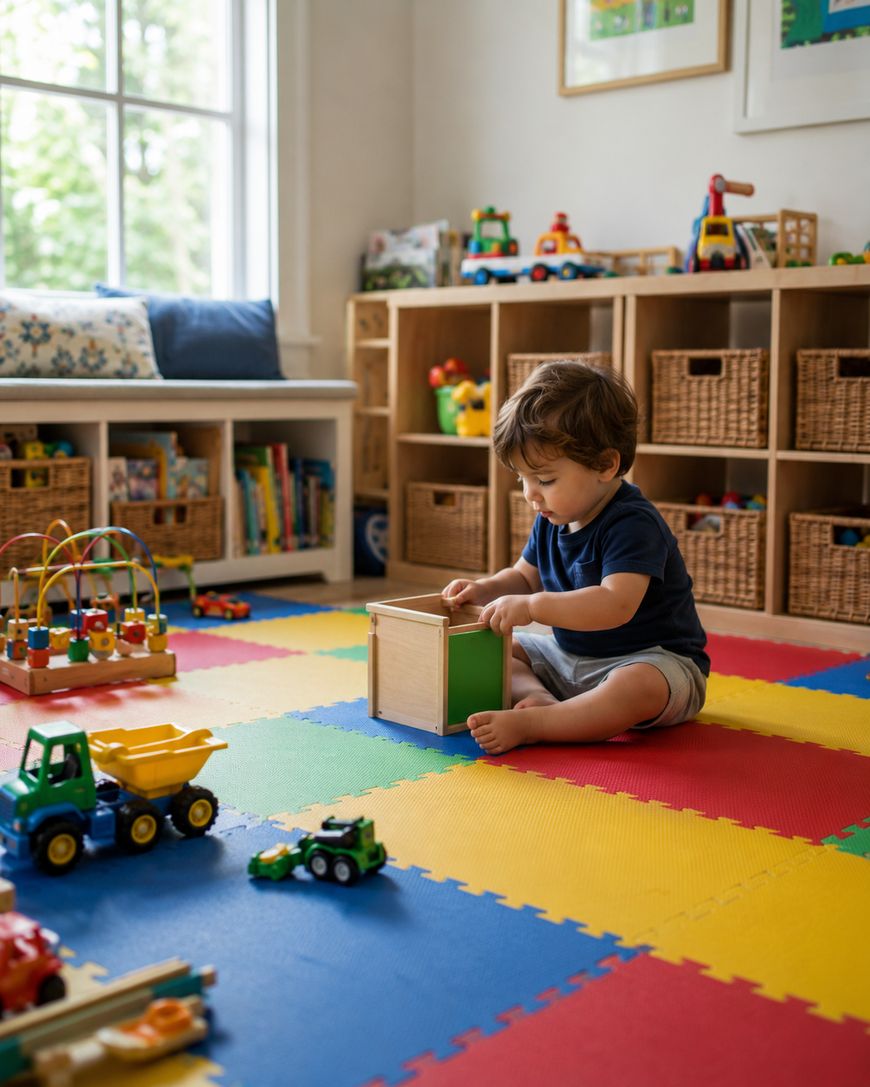 A young child sits on colorful foam mats in a playroom, playing with a wooden shape sorter. Toy cars and trucks are scattered around, and shelves with baskets and books line the walls. Sunlight streams in through a large window.