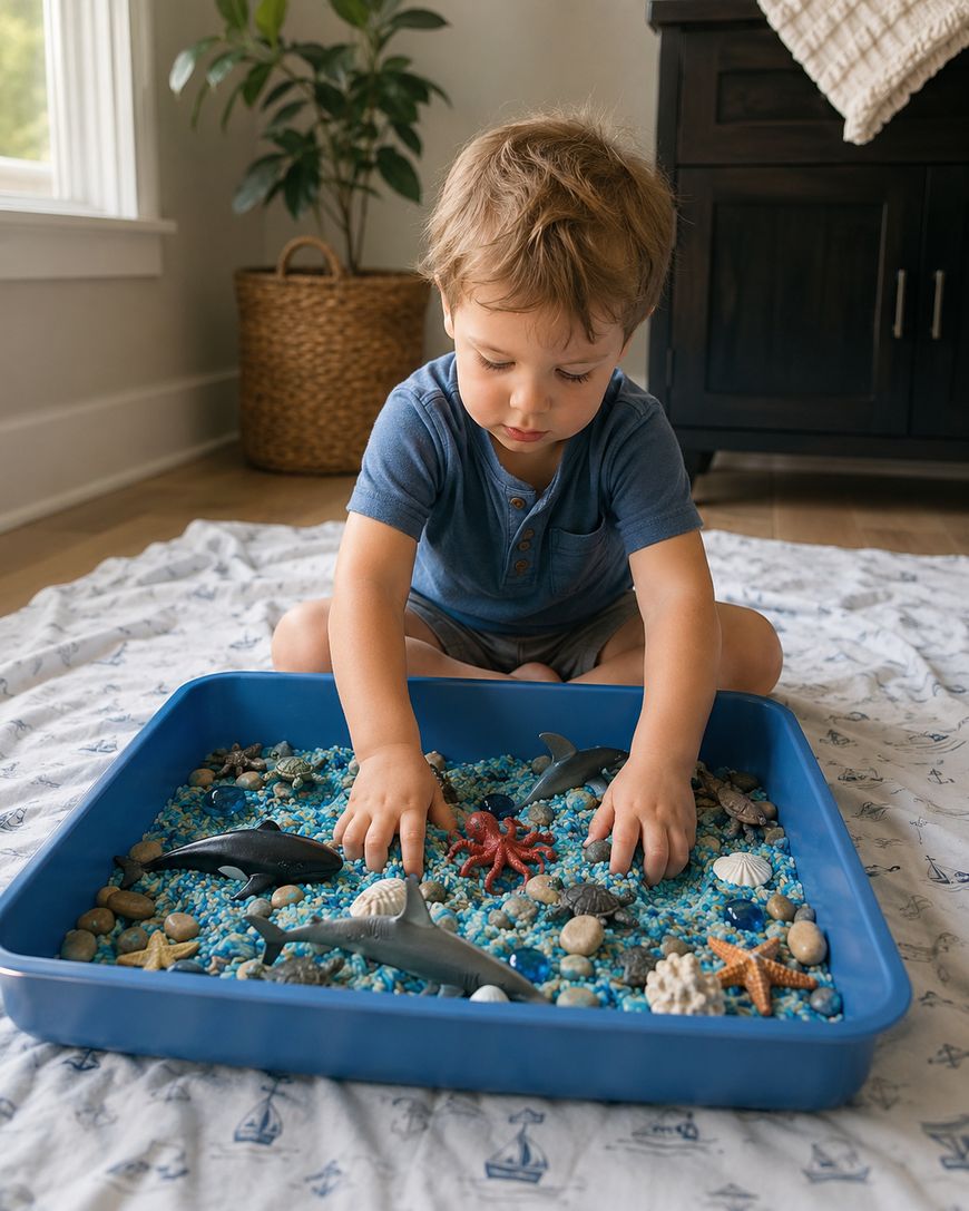 A young child sits on a blanket indoors, playing with toy sea animals and shells in a blue sensory bin filled with blue and tan materials resembling water and sand.
