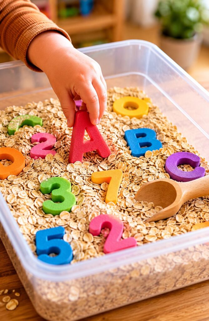 A child’s hand picks up a red letter A from a sensory bin filled with dry oats, colorful foam letters and numbers, and a wooden scoop.
