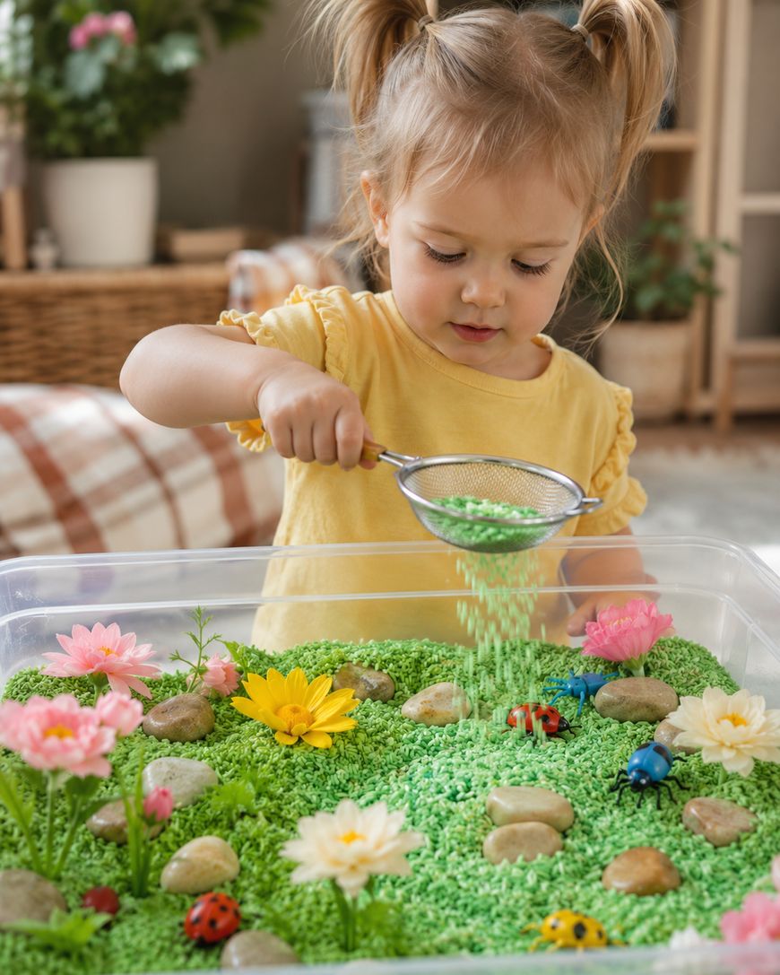 A young girl in a yellow shirt sprinkles green rice into a sensory bin decorated with artificial flowers, rocks, and toy insects such as ladybugs and beetles.