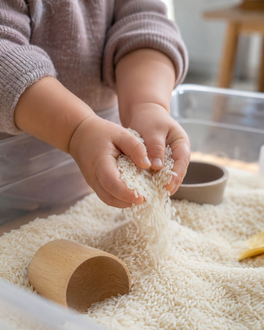 A child’s hands pouring uncooked white rice from one hand to the other over a container, with a wooden scoop and a small bowl resting in the rice.