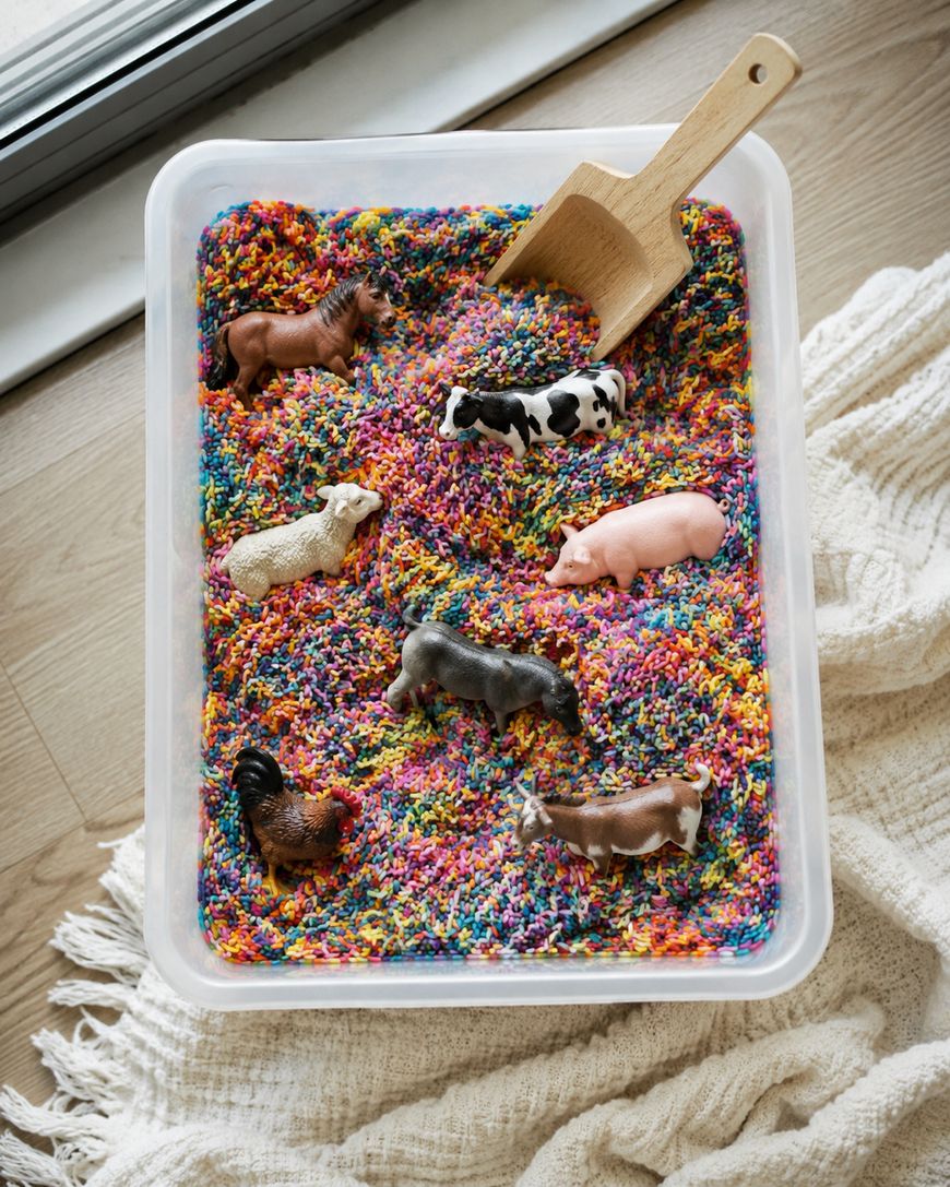 A clear plastic bin filled with colorful sensory rice, toy farm animals, and a wooden scoop sits on a textured cream blanket beside a window.