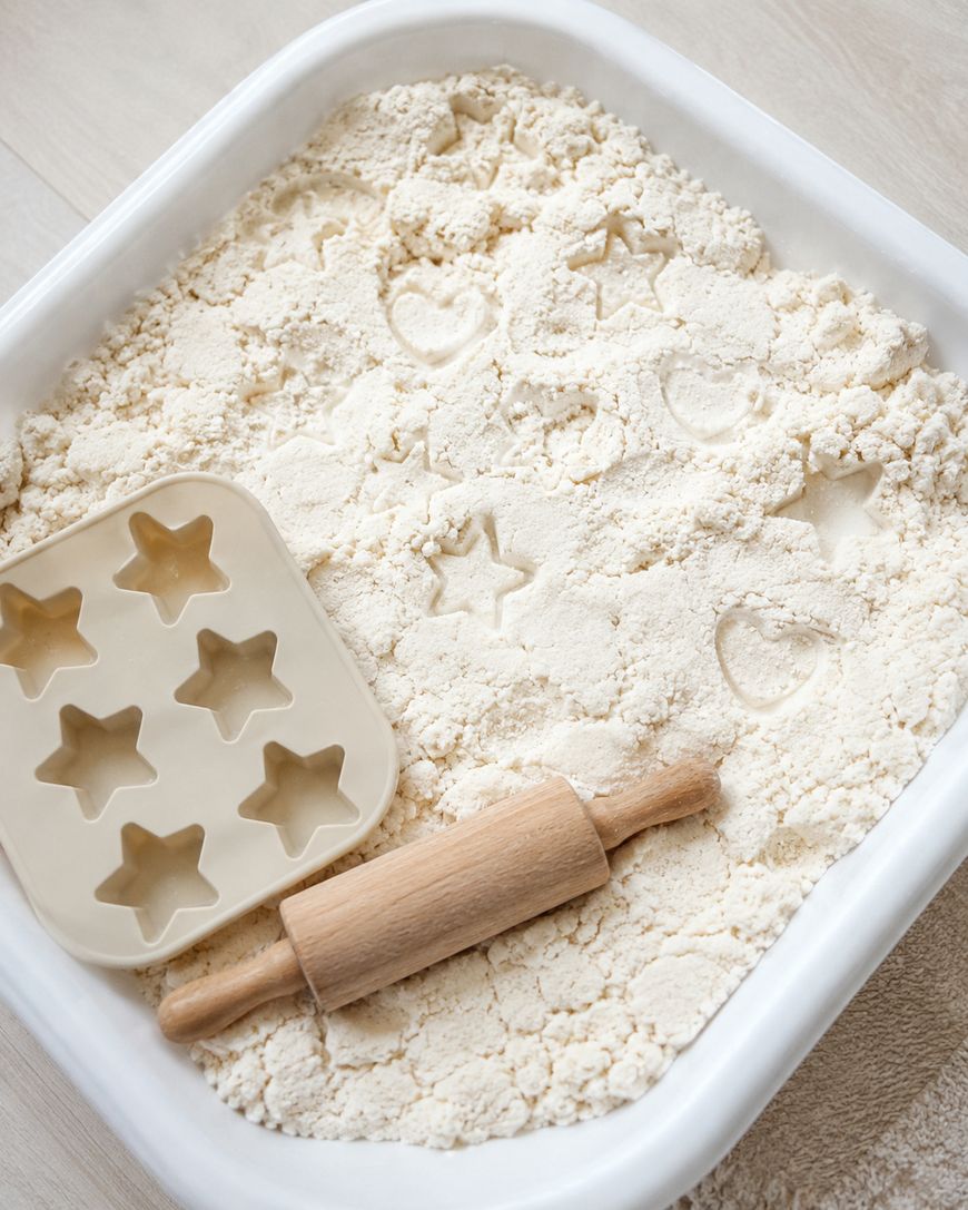 A white tray filled with flour or dough, featuring star and heart shapes pressed into it. Nearby are a small wooden rolling pin and a beige silicone mold with star-shaped cavities.