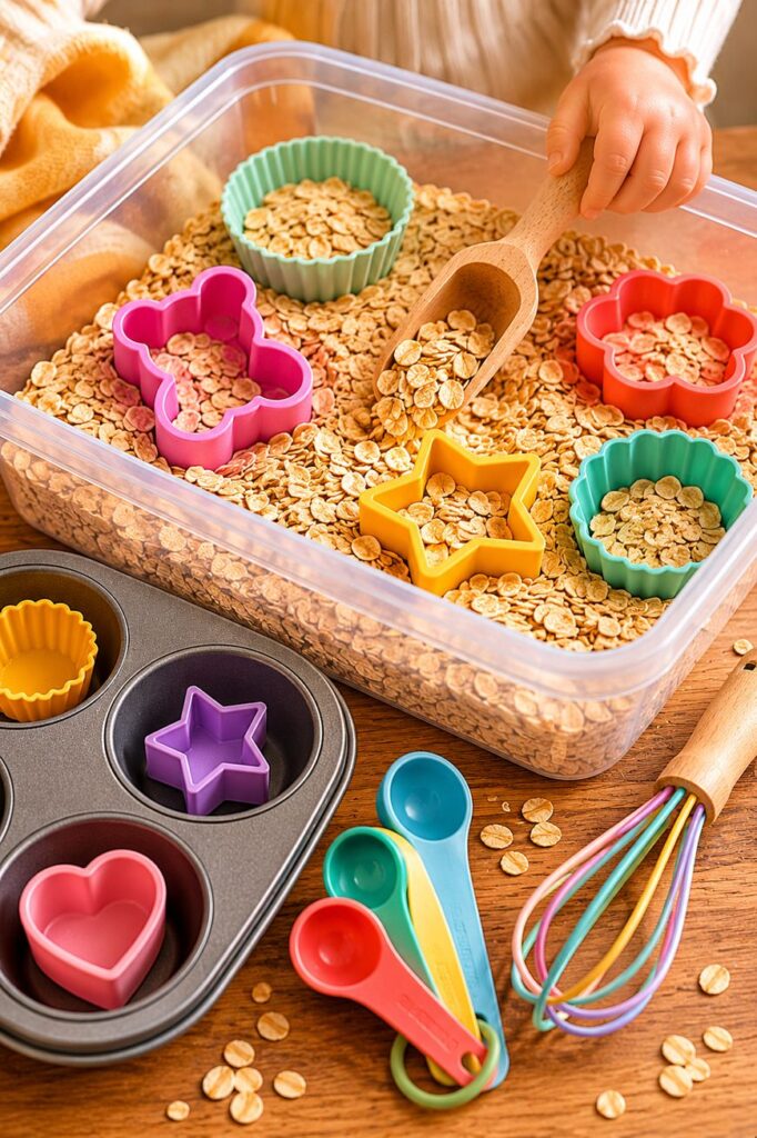 A child’s hand scoops oats from a plastic bin filled with cookie cutters in various shapes and colors. Nearby are a muffin tin, measuring spoons, a whisk, and more cookie cutters on a wooden surface.