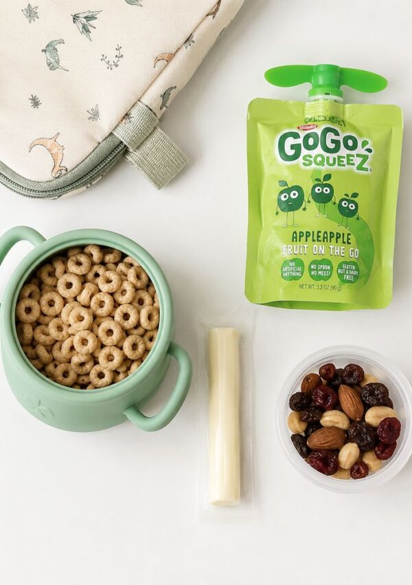 A flat lay of toddler snacks: a green bowl of Cheerios, a stick of string cheese, a cup of mixed nuts and dried fruit, a GoGo Squeez applesauce pouch, and a bag with animal designs—perfect toddler snack ideas for busy days.