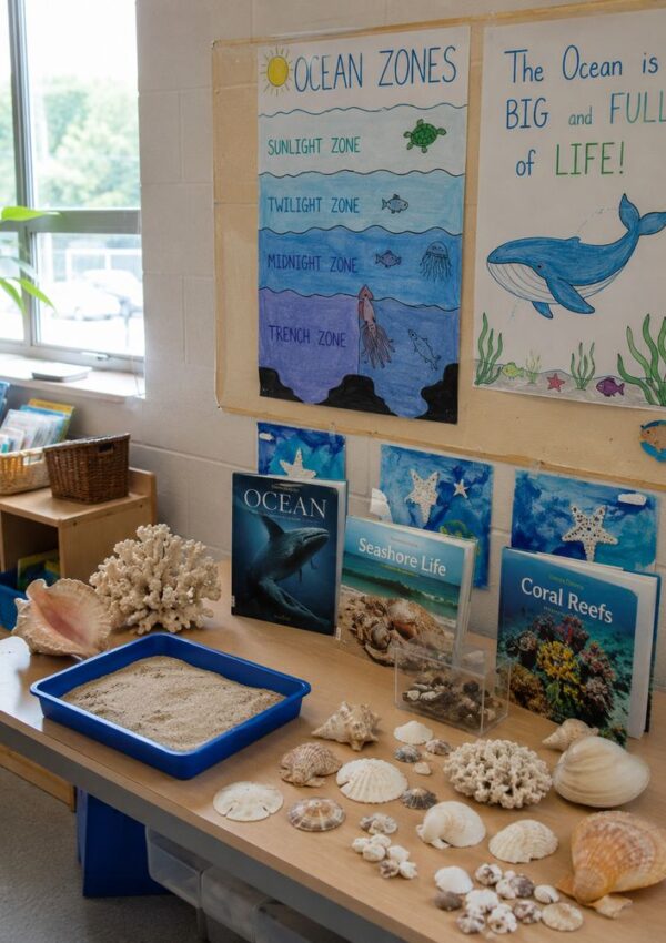 An Under the Sea Classroom display with posters about ocean zones and ocean life, books like Ocean, Seashore Life, and Coral Reefs, plus a table featuring seashells, coral, and a tray of sand for an ocean-inspired learning experience.