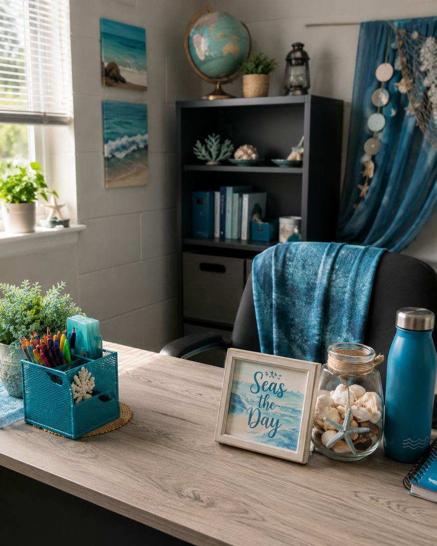 A beach-themed office desk with a framed “Seas the Day” sign, jar of seashells, blue water bottle, aqua desk organizer, and ocean decor in the background, including a globe, books, and wall art of the sea.