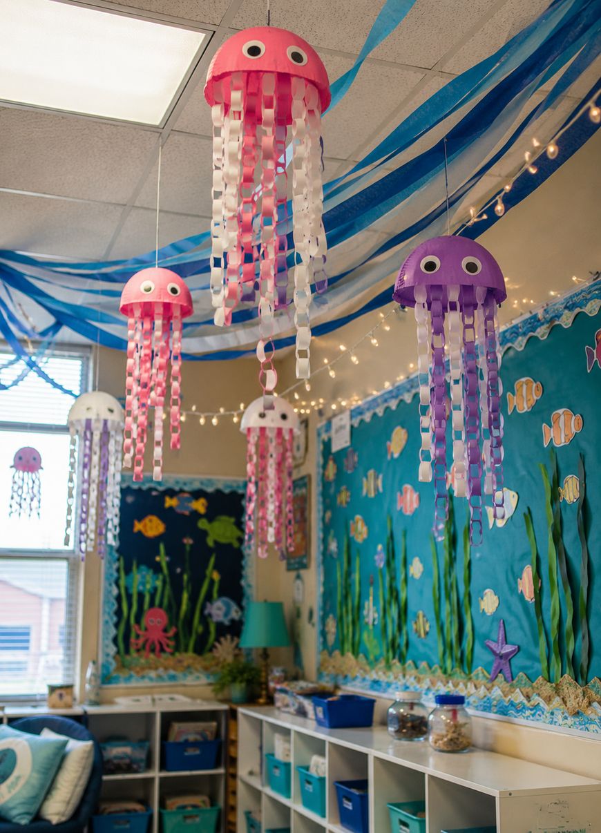 Colorful jellyfish crafts made from paper bowls and paper chains hang from the ceiling in a classroom decorated with an ocean theme, including fish, seaweed, and blue streamers.