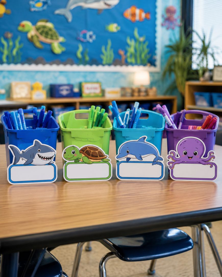 Four colorful bins labeled with ocean animals (shark, turtle, dolphin, octopus) sit on a classroom table, each filled with matching colored pens and markers. An ocean-themed bulletin board is in the background.