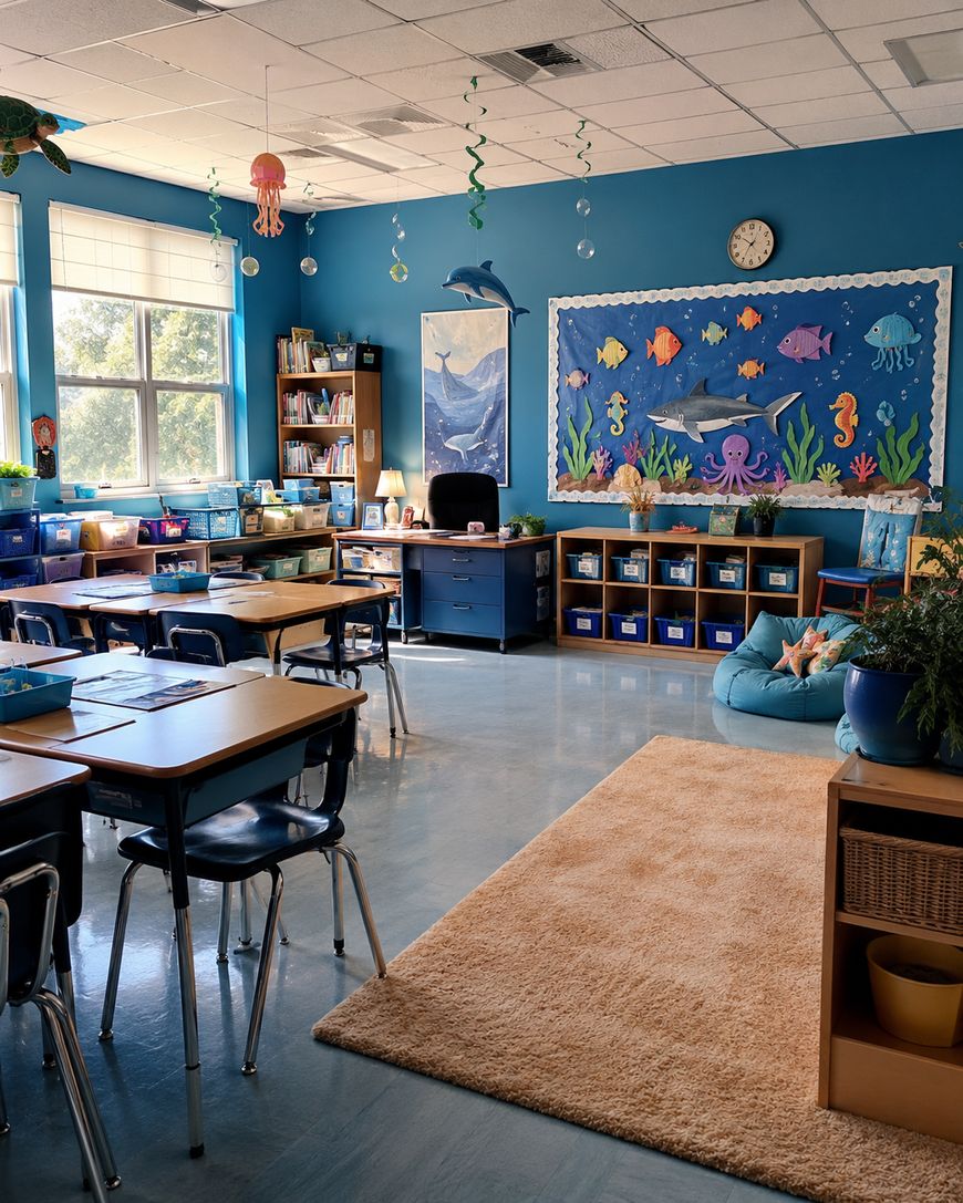 A colorful classroom with ocean-themed decorations, blue walls, student desks, a reading area with a rug and bean bag, bookshelves, a teacher’s desk, and sea creature art on the bulletin board. Sunlight streams through the windows.