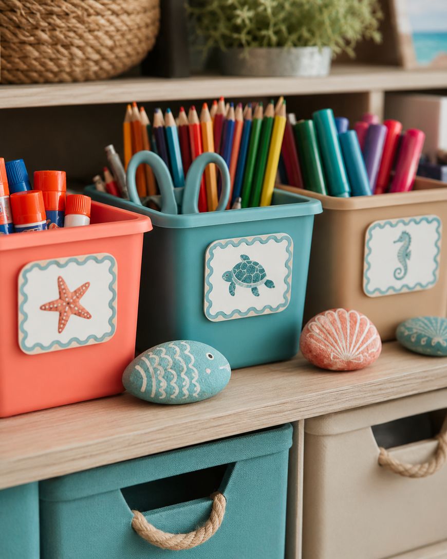 Three colorful bins with sea-themed labels hold markers, pencils, and scissors. Painted rocks and soft storage bins are nearby, all arranged neatly on a wooden shelf.
