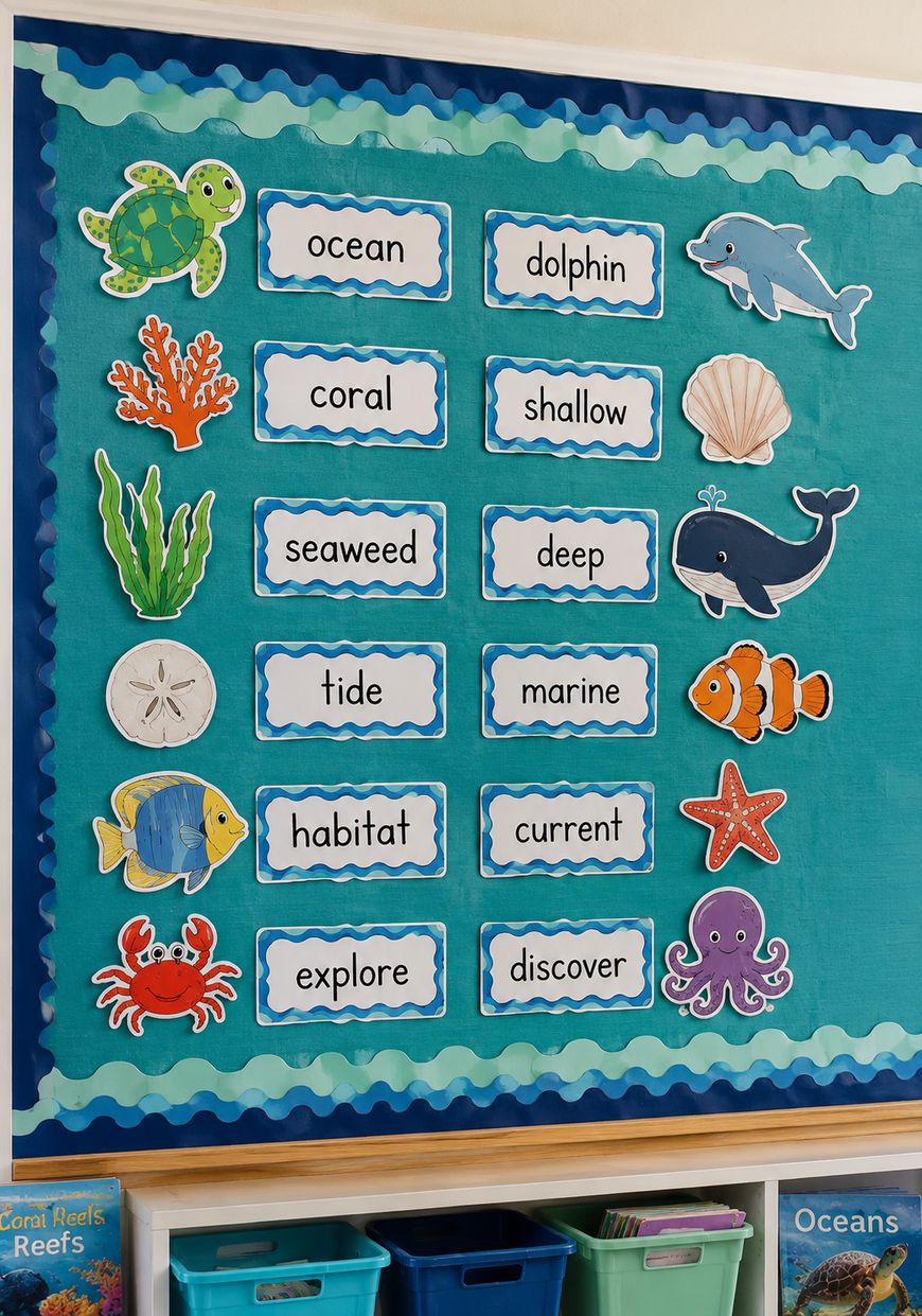A classroom bulletin board displays ocean-themed words like ocean, dolphin, coral, shallow, seaweed, deep, tide, marine, habitat, current, explore, and discover, with colorful sea creature cutouts.
