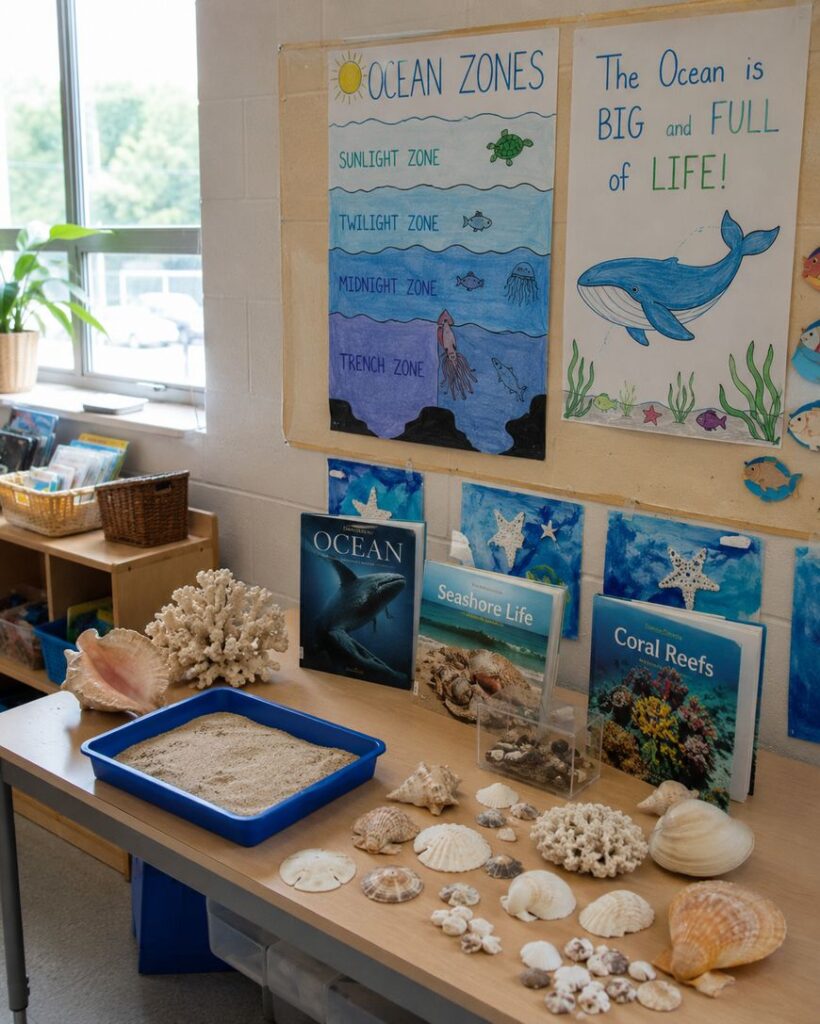 A classroom display features ocean-themed books, shells, coral, and sand on a table. Behind it, posters illustrate ocean zones and marine life, and a window lets in natural light.