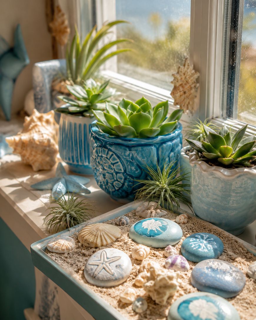A sunny windowsill decorated with potted succulents in blue ceramic pots, seashells, starfish, and painted stones with sea motifs, all arranged on a tray filled with sand.