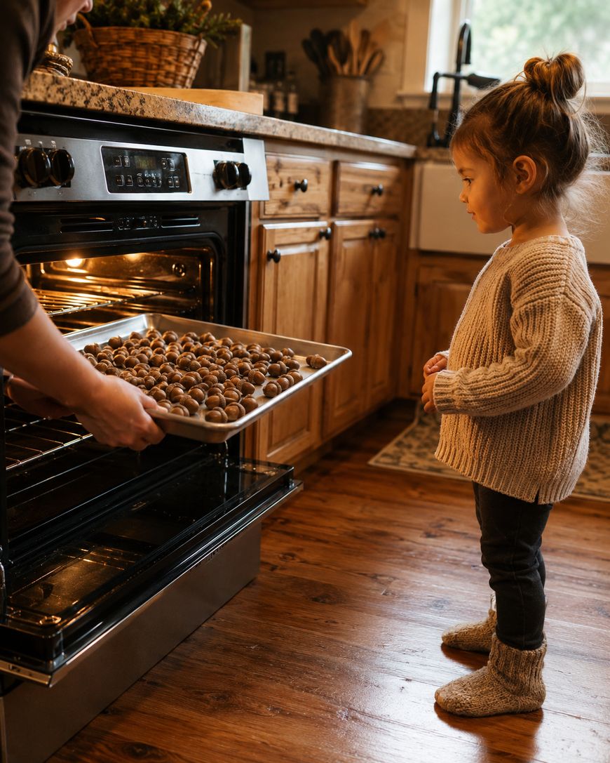 A young girl watches as an adult places a tray of round cookies into an oven in a cozy kitchen with wooden cabinets and a farmhouse sink.