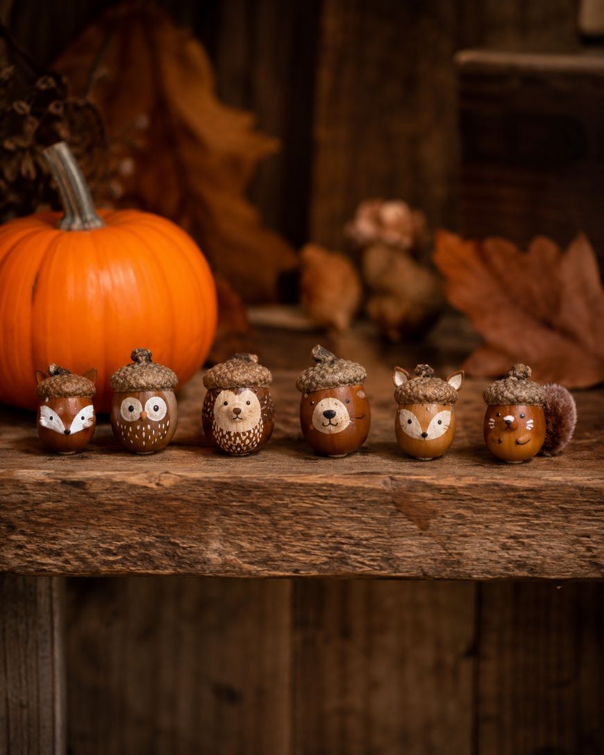 Six acorns painted as woodland animals sit on a rustic wooden surface with a pumpkin.