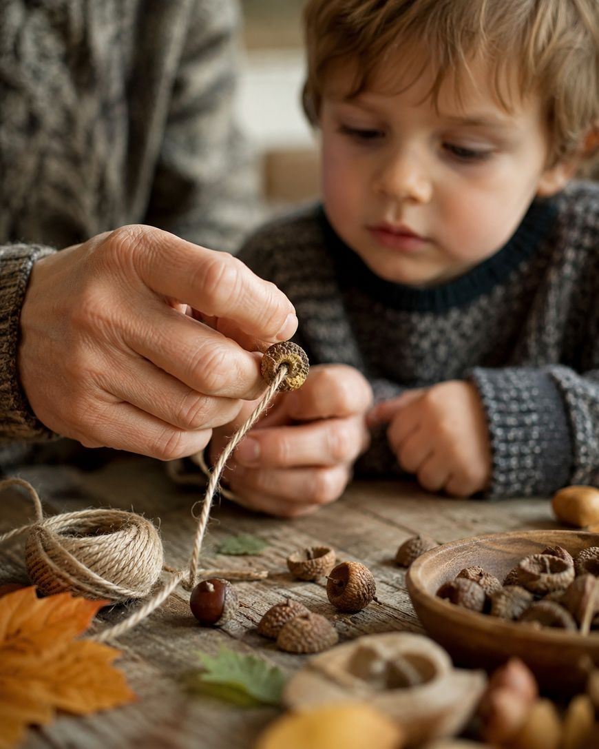 An adult and a young child thread acorns onto twine at a wooden table.