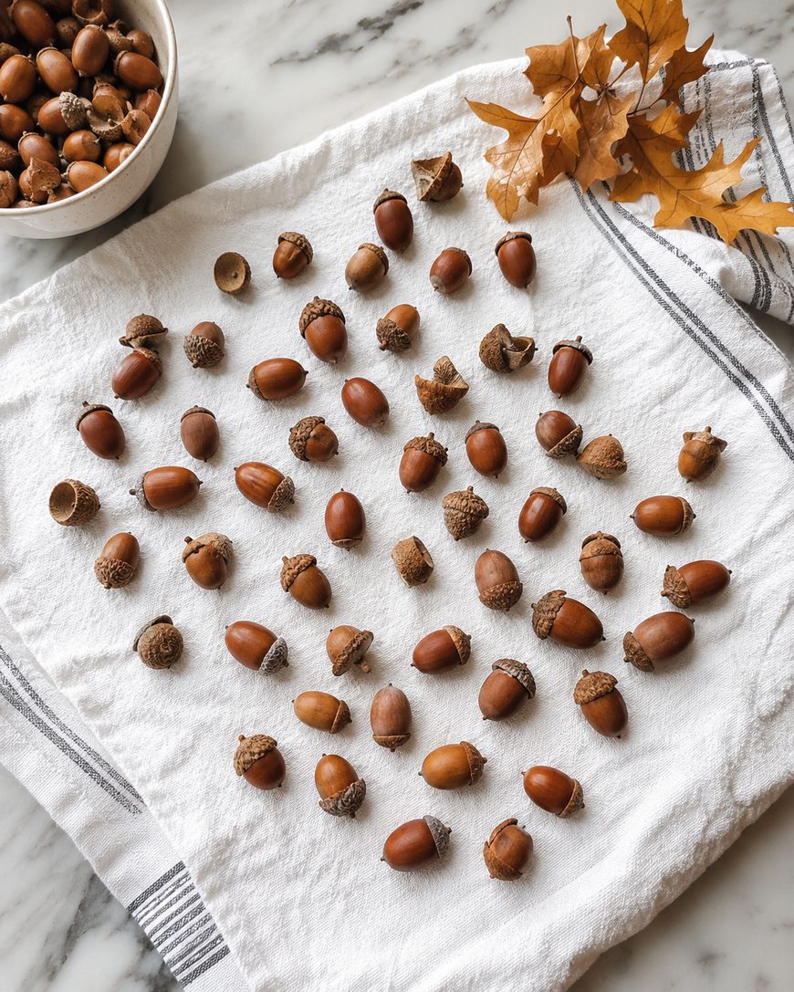 Acorns and caps are spread out on a white cloth with gray stripes.