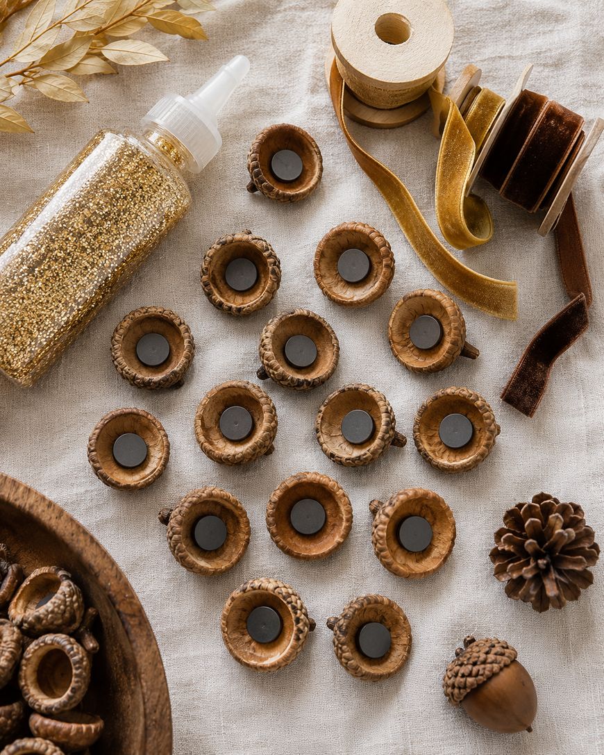 Acorn caps with small magnets inside are arranged on fabric with ribbon spools nearby.