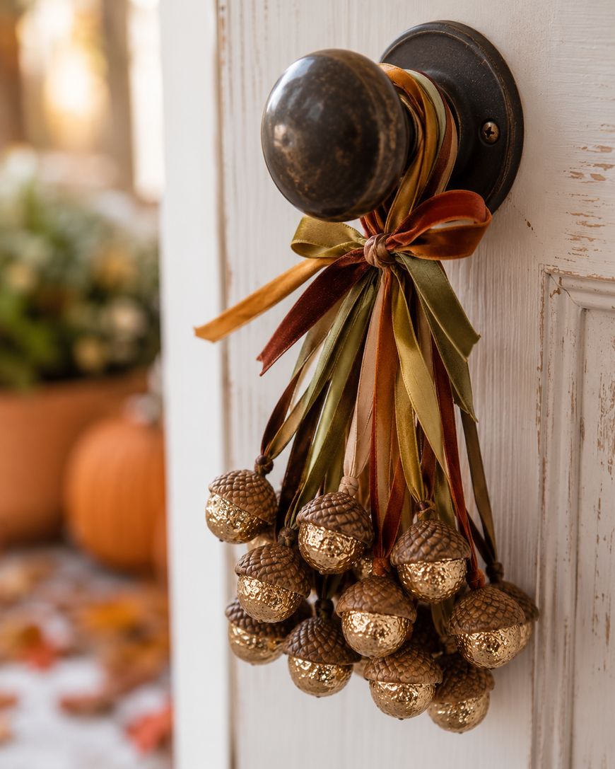 A bundle of gold acorn ornaments hangs from a doorknob.
