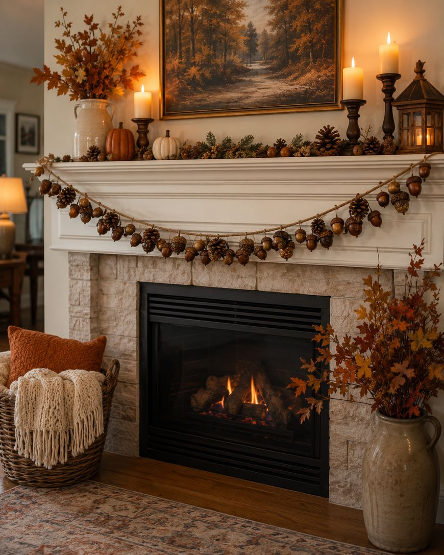 A cozy living room mantel decorated with a garland of acorns and pinecones.