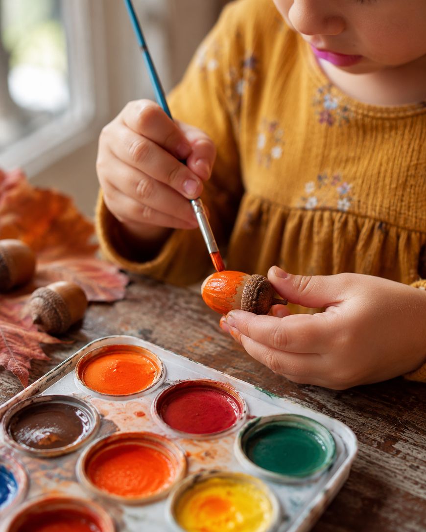 A child paints an acorn orange using a brush, with a watercolor palette nearby.