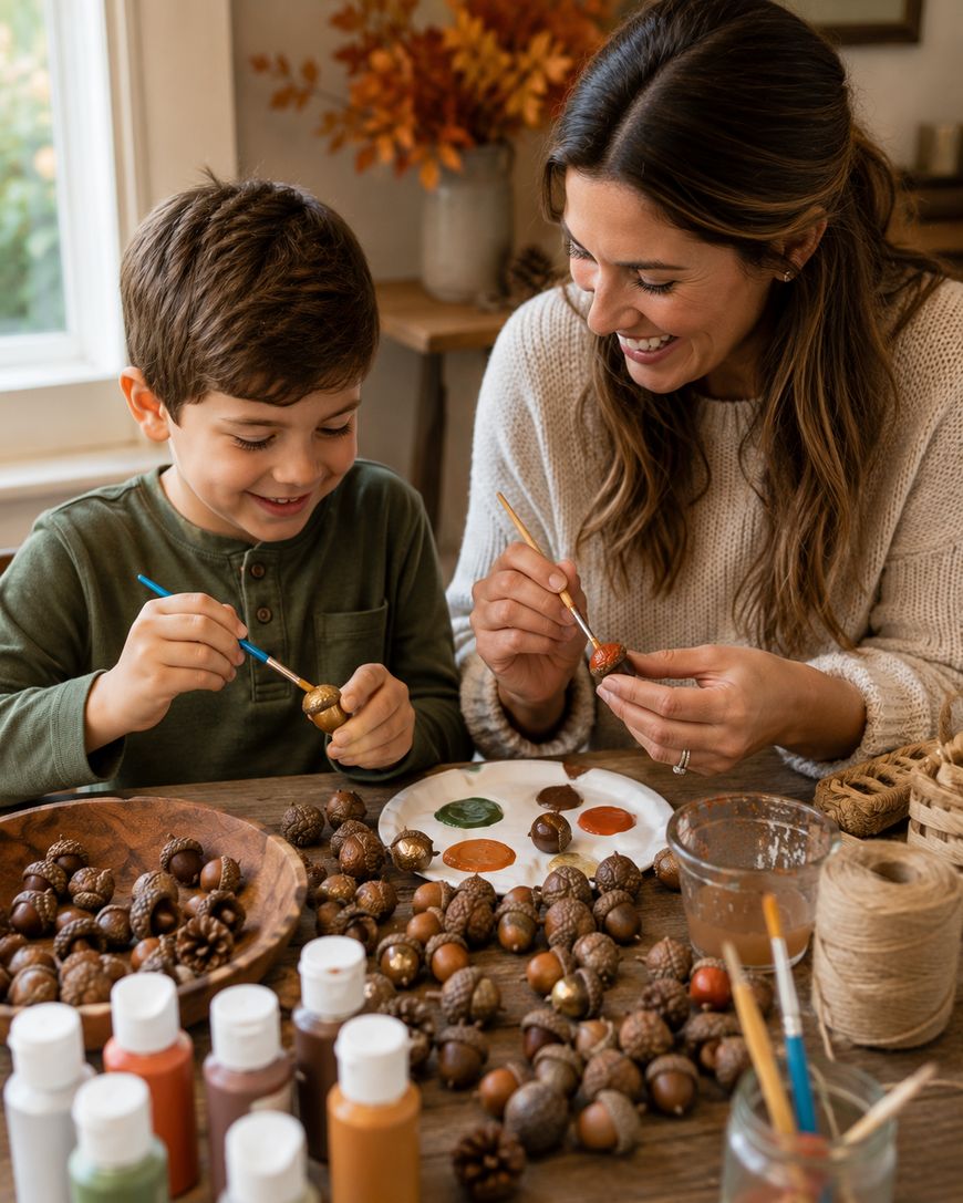 A woman and young boy sit at a table, smiling as they paint acorns.