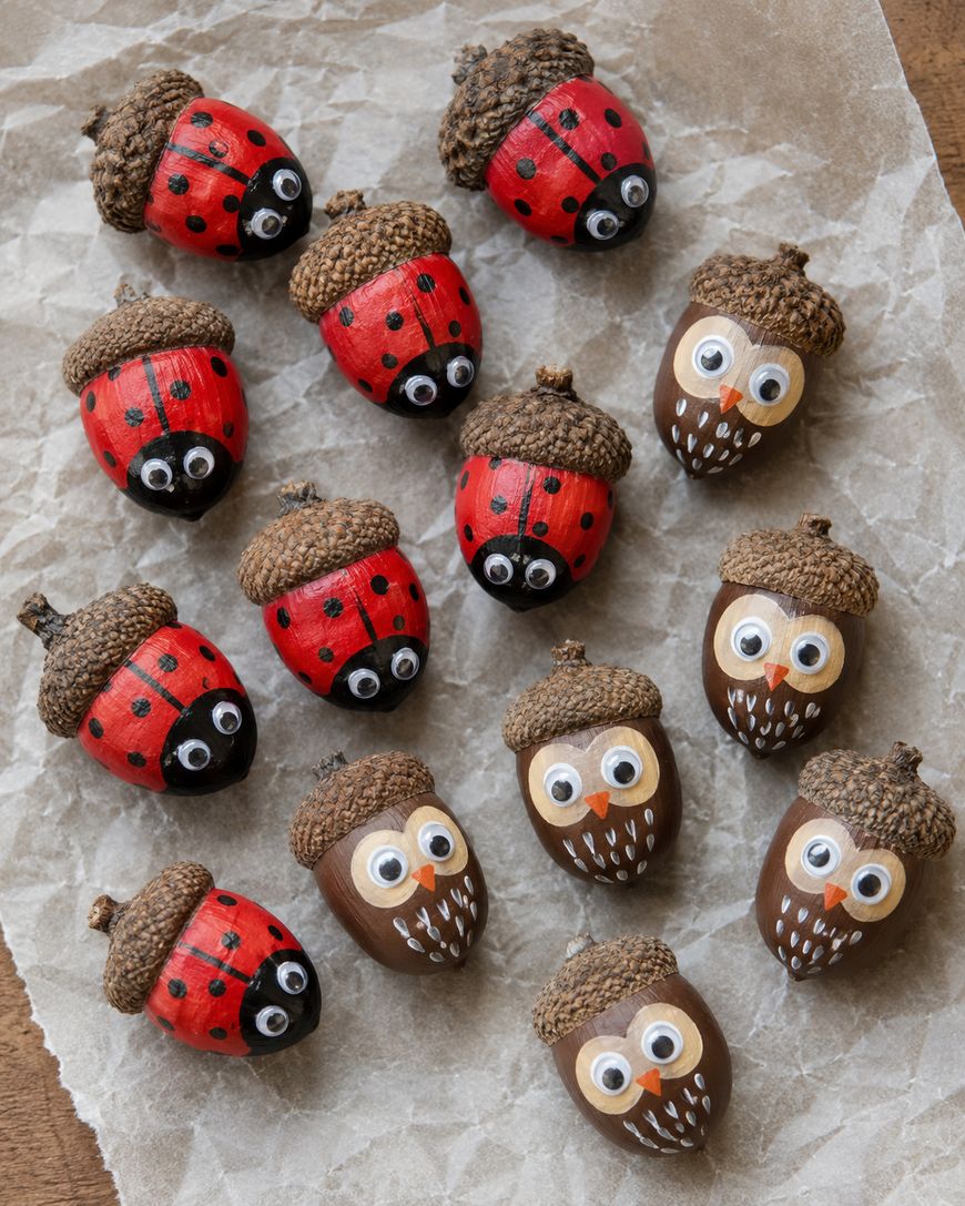 Painted acorns on parchment paper, some decorated as red ladybugs and others as brown owls.