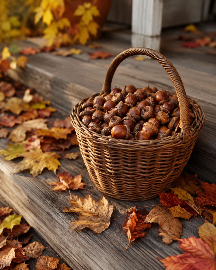A wicker basket filled with acorns sits on wooden steps surrounded by colorful autumn leaves.