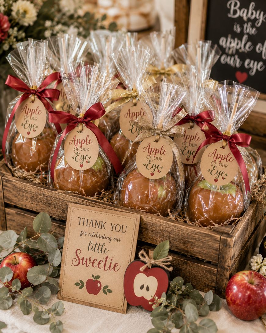 Gift-wrapped caramel apples with tags reading Apple of our Eye displayed in a wooden crate.