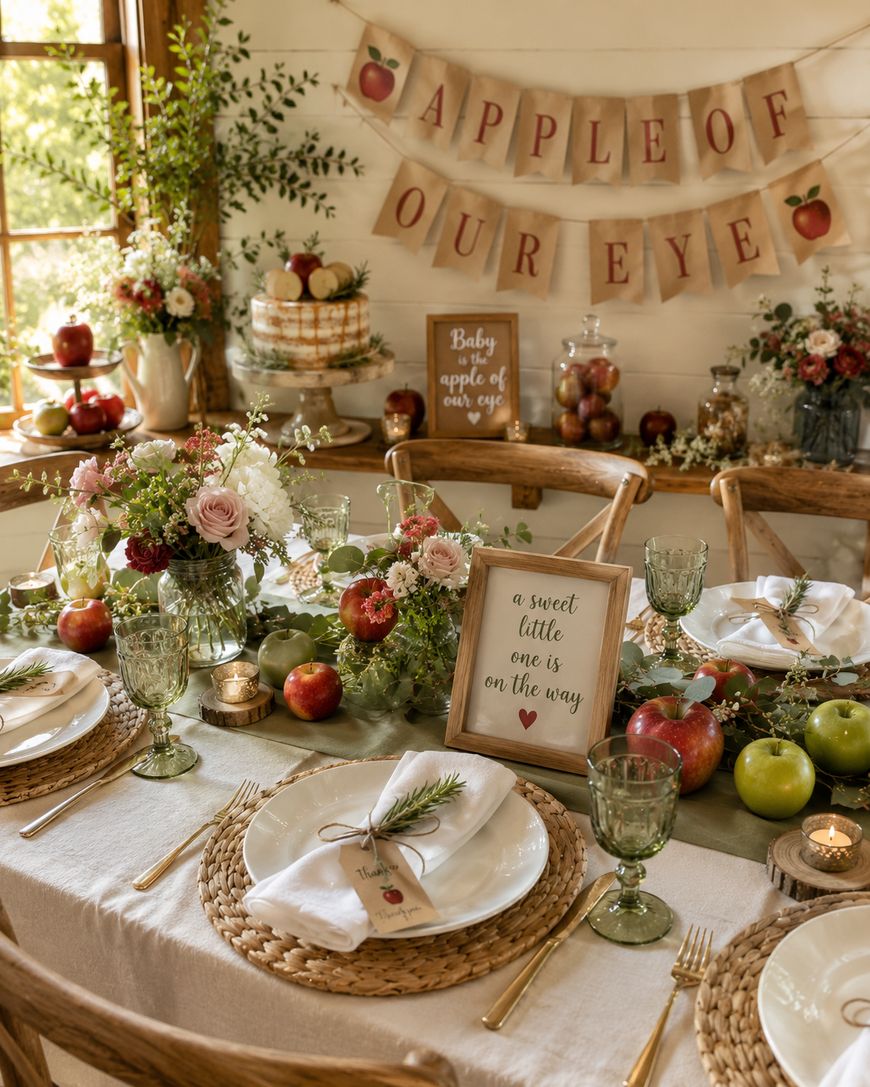 A rustic table set for a baby shower with apple-themed decor and a banner that says Apple of our eye.