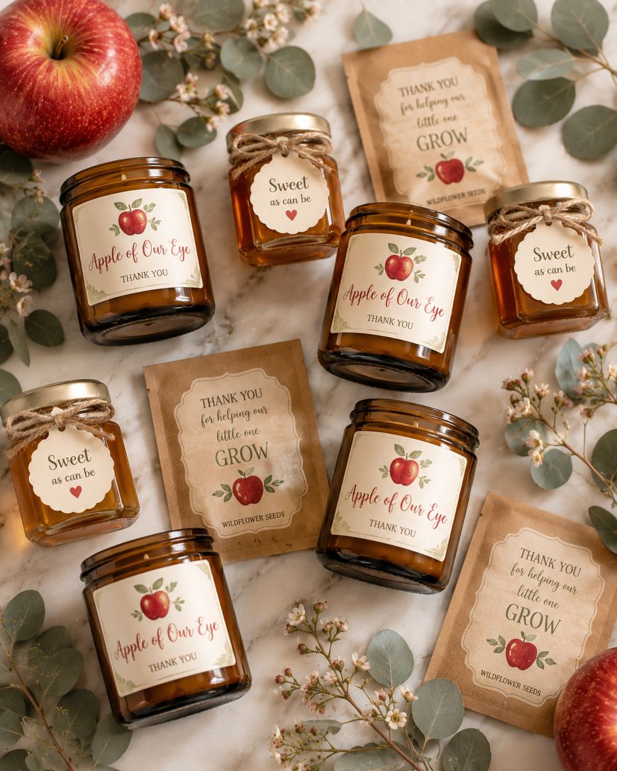 Jars of honey labeled Apple of Our Eye and Sweet as can be, arranged with thank-you seed packets and apples.