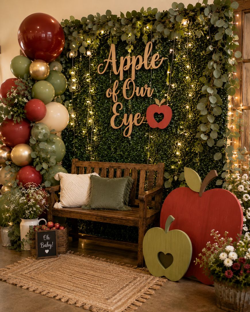Rustic baby shower setup with a balloon arch and signs reading Apple of Our Eye.