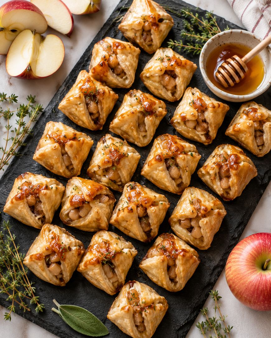 A slate platter holds golden-brown puff pastry bites filled with apple and herbs.