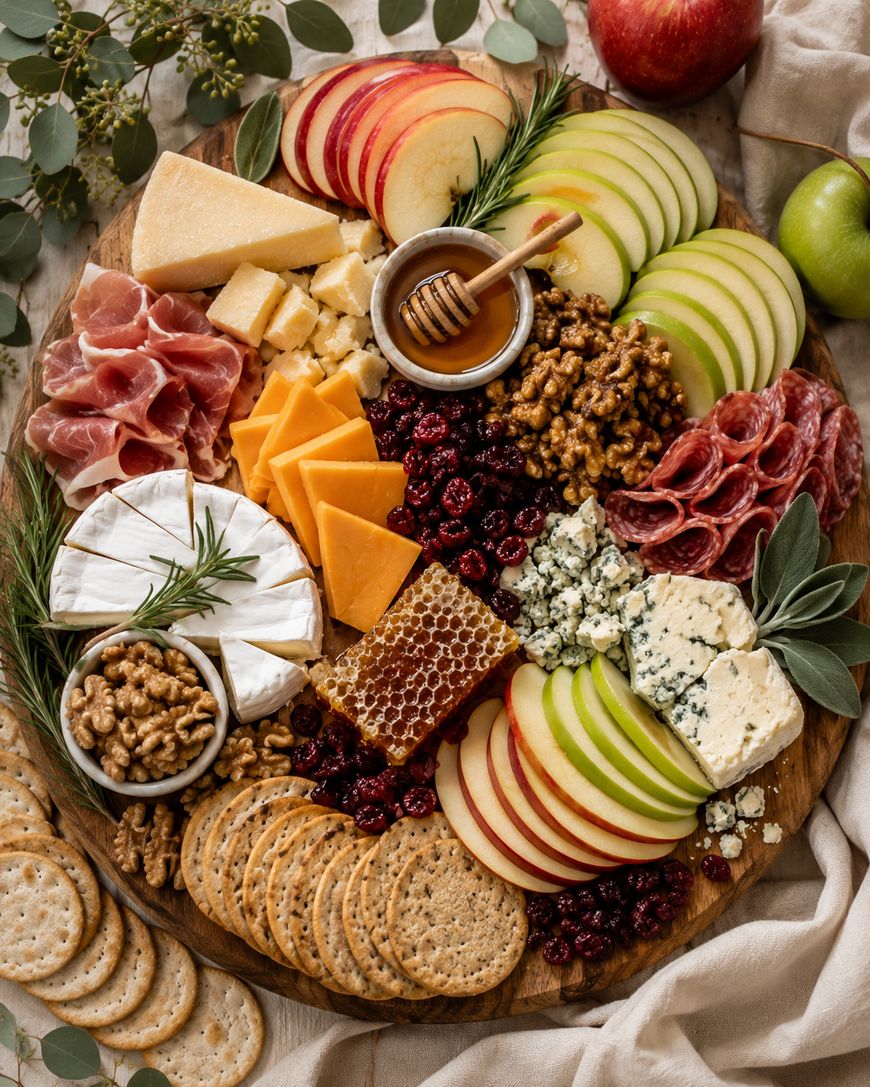 A wooden board with cheeses, apple slices, cured meats, walnuts, crackers, dried cranberries, and honey.