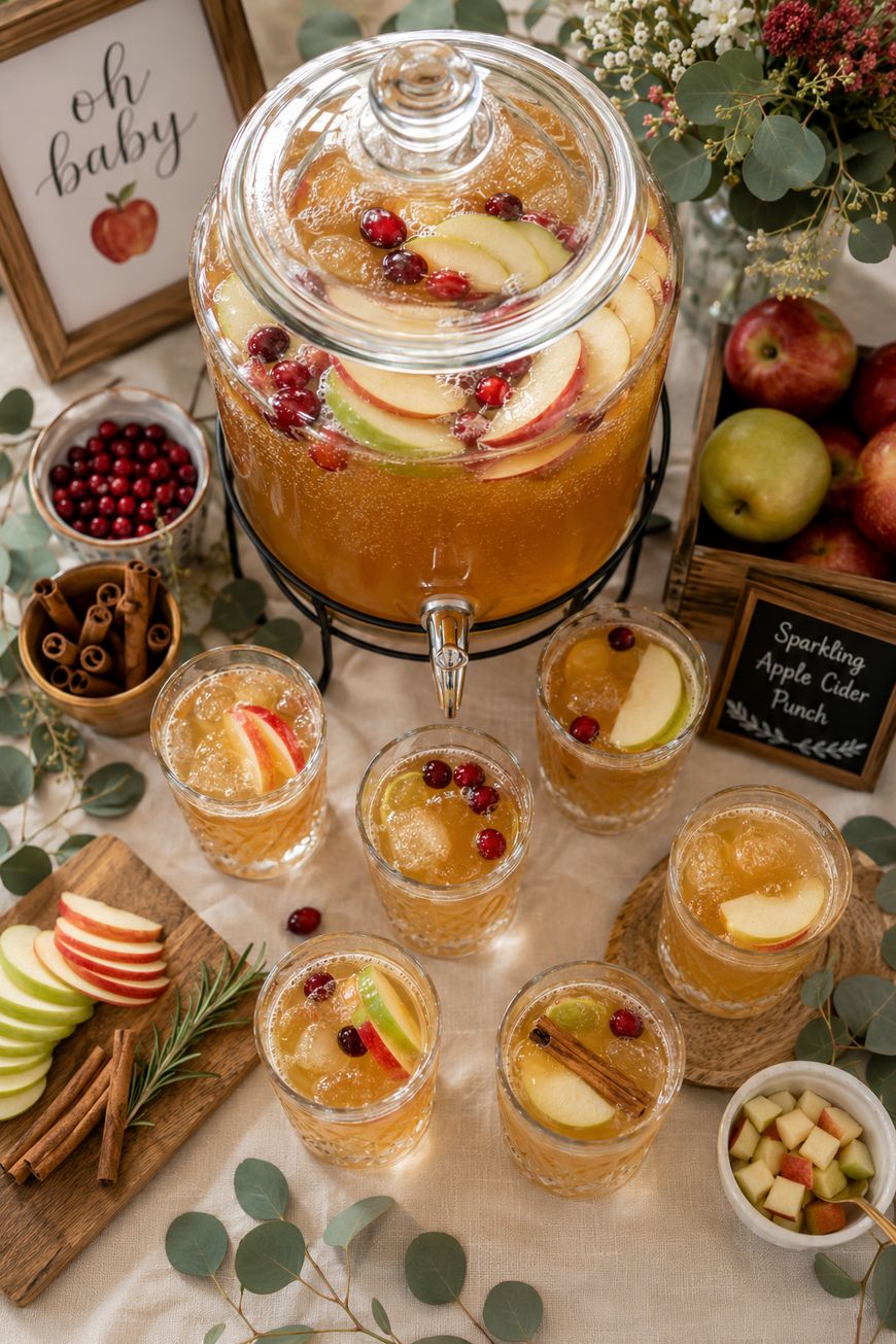 A table with a large glass dispenser of apple cider punch, garnished with apple slices and cranberries.