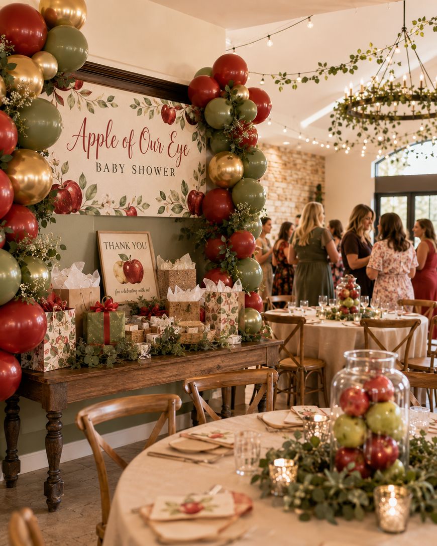 Apple-themed baby shower with red and green balloons and a sign that reads Apple of Our Eye Baby Shower.