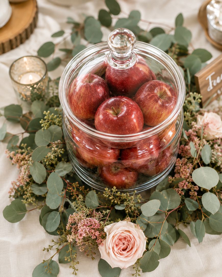 A glass jar filled with red apples sits on a table, surrounded by eucalyptus leaves and pink roses.