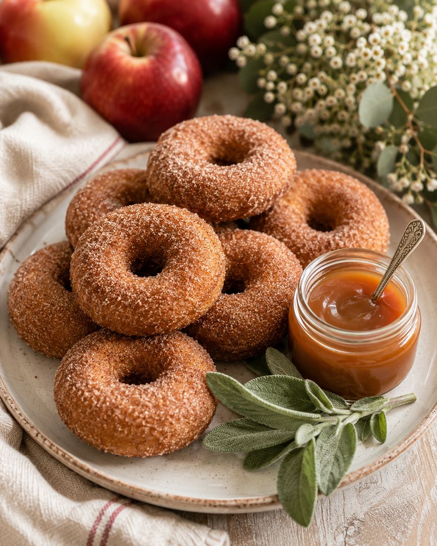 A plate of sugared donuts is arranged with a jar of caramel dip, fresh sage, and red apples.