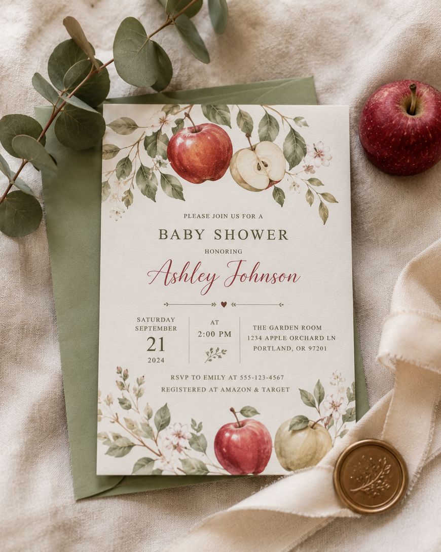 Baby shower invitation with watercolor apples and leaves, set on a green envelope.