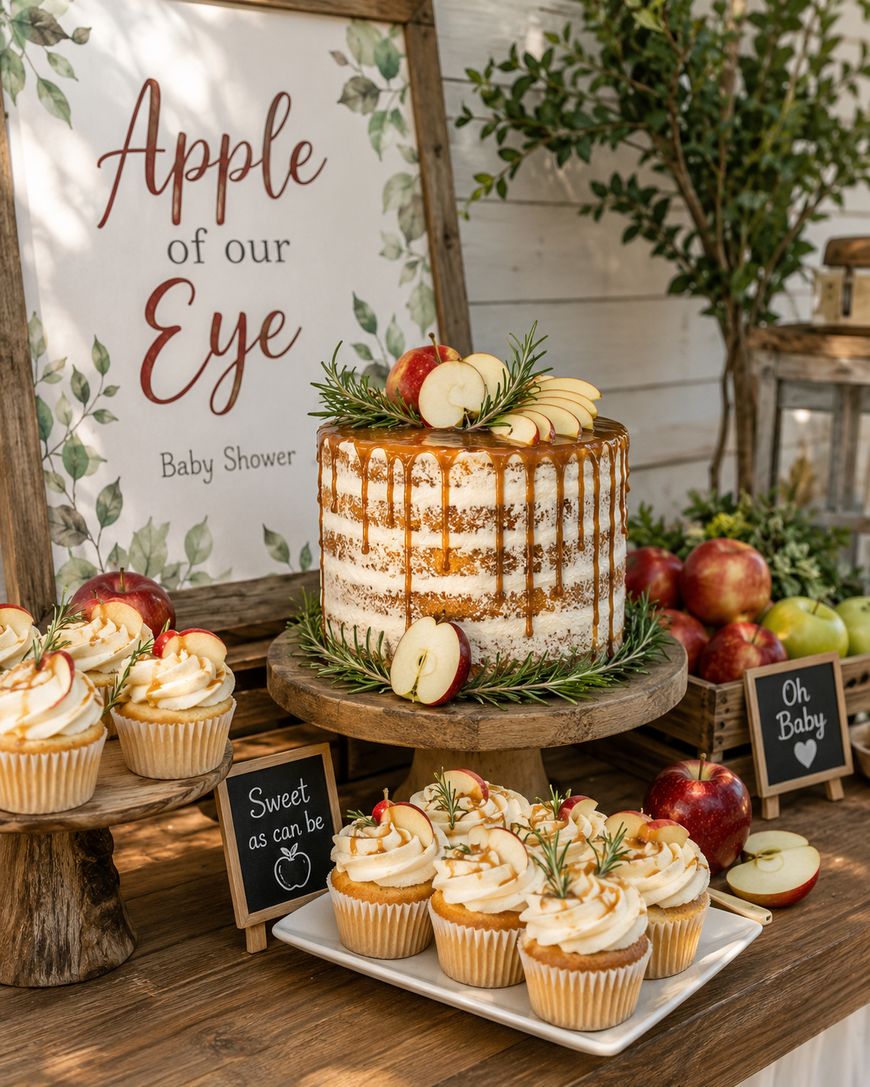 Rustic baby shower dessert table with a caramel-dripped cake topped with apples and cupcakes.