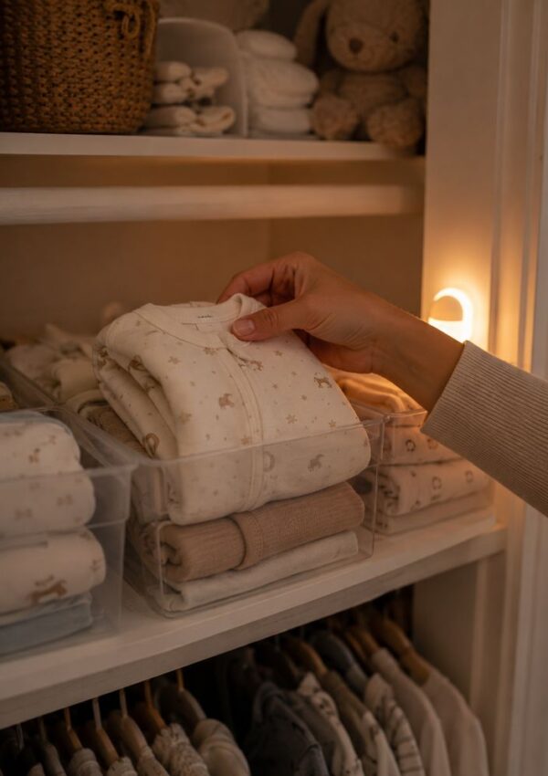 A hand reaches for folded baby clothes in a neatly organized closet with baskets, clear bins, and stuffed animals on shelves, softly lit by a small lamp.