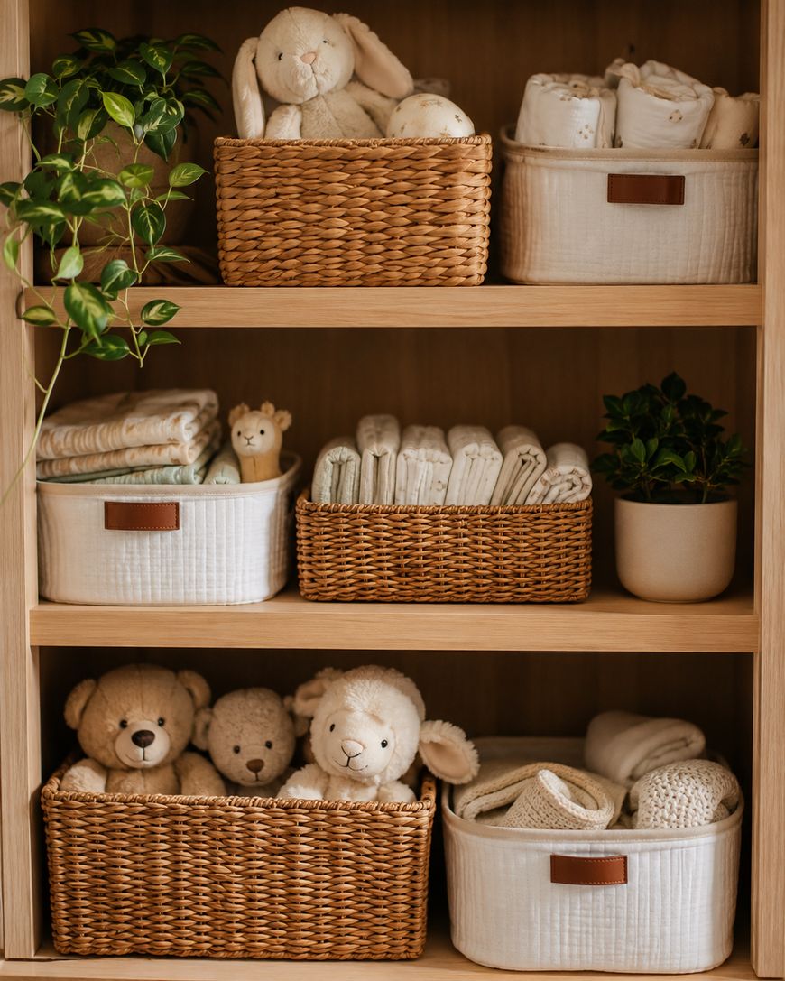 A wooden shelf holds woven baskets with stuffed animals, folded blankets, rolled towels, baby clothes, and two small potted plants, creating a cozy and organized nursery display.