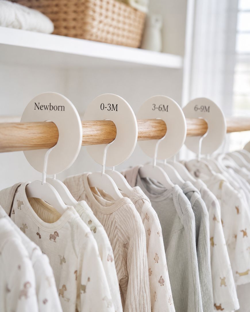 Baby clothes hanging on white hangers, separated by labeled dividers on a wooden rod. Labels read: Newborn, 0-3M, 3-6M, and 6-9M. Patterns on clothes are soft, neutral, and baby-themed.